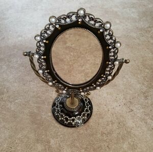 Antique Bronze Carved Pearled Gemstone Pedestal Mirror